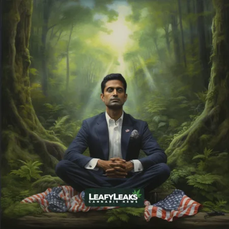 Vivek Ramaswamy standing in a serene forest clearing, reflecting his support for veterans' psychedelic relief.