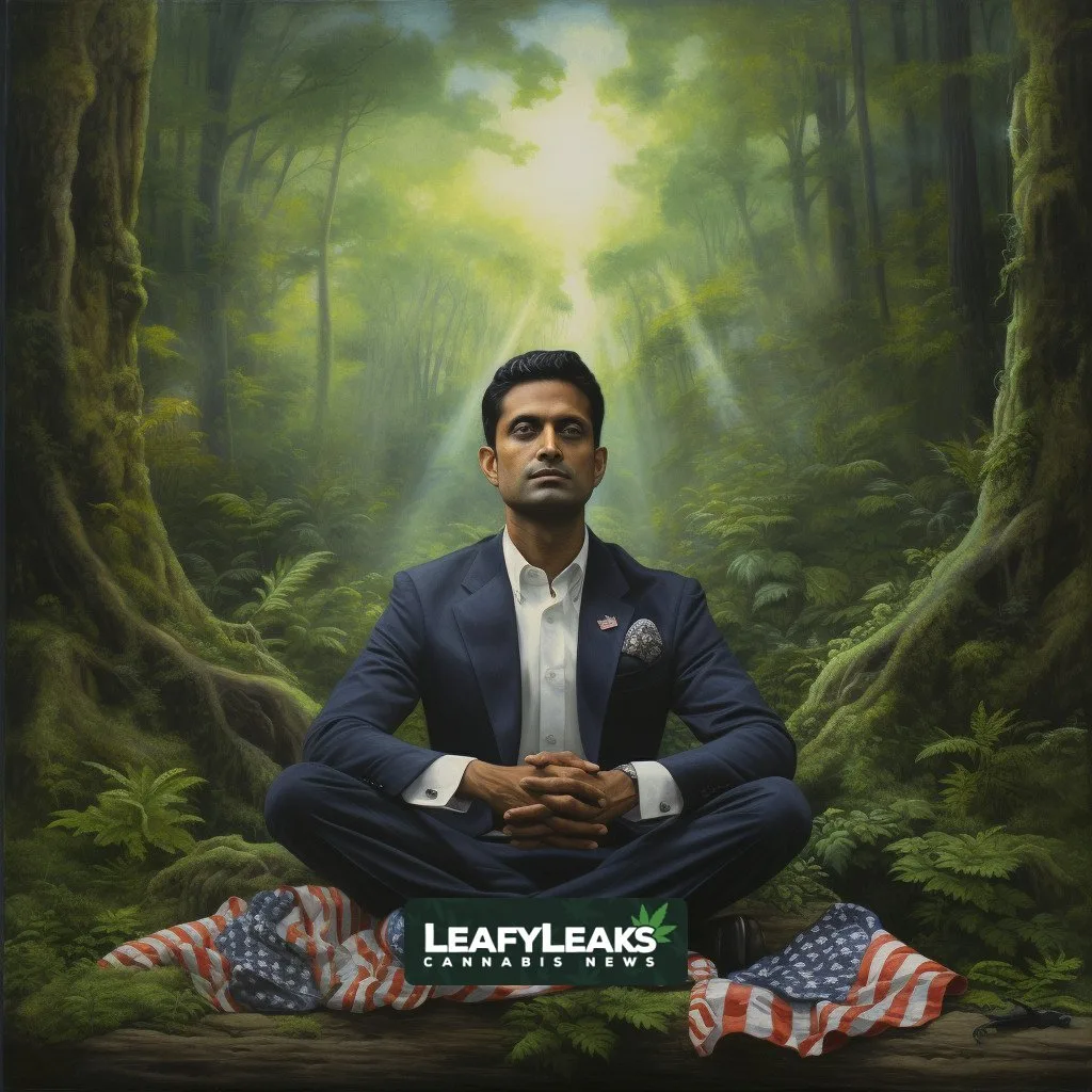 Vivek Ramaswamy standing in a serene forest clearing, reflecting his support for veterans' psychedelic relief.