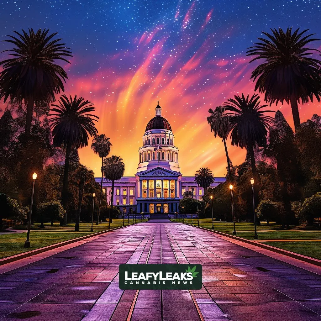 Image representing progress: California's journey towards psychedelic legalization captured at sunset in an urban park.