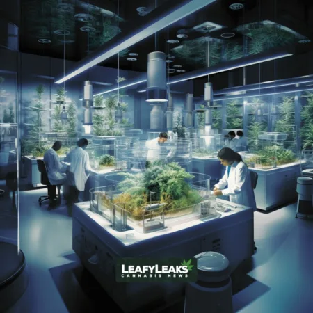 Green Cure: Marijuana Linked to 50% Lower Type 2 Diabetes Risk, New Study Reveals Image depicting cannabis research laboratory with lab technician examining leaves.