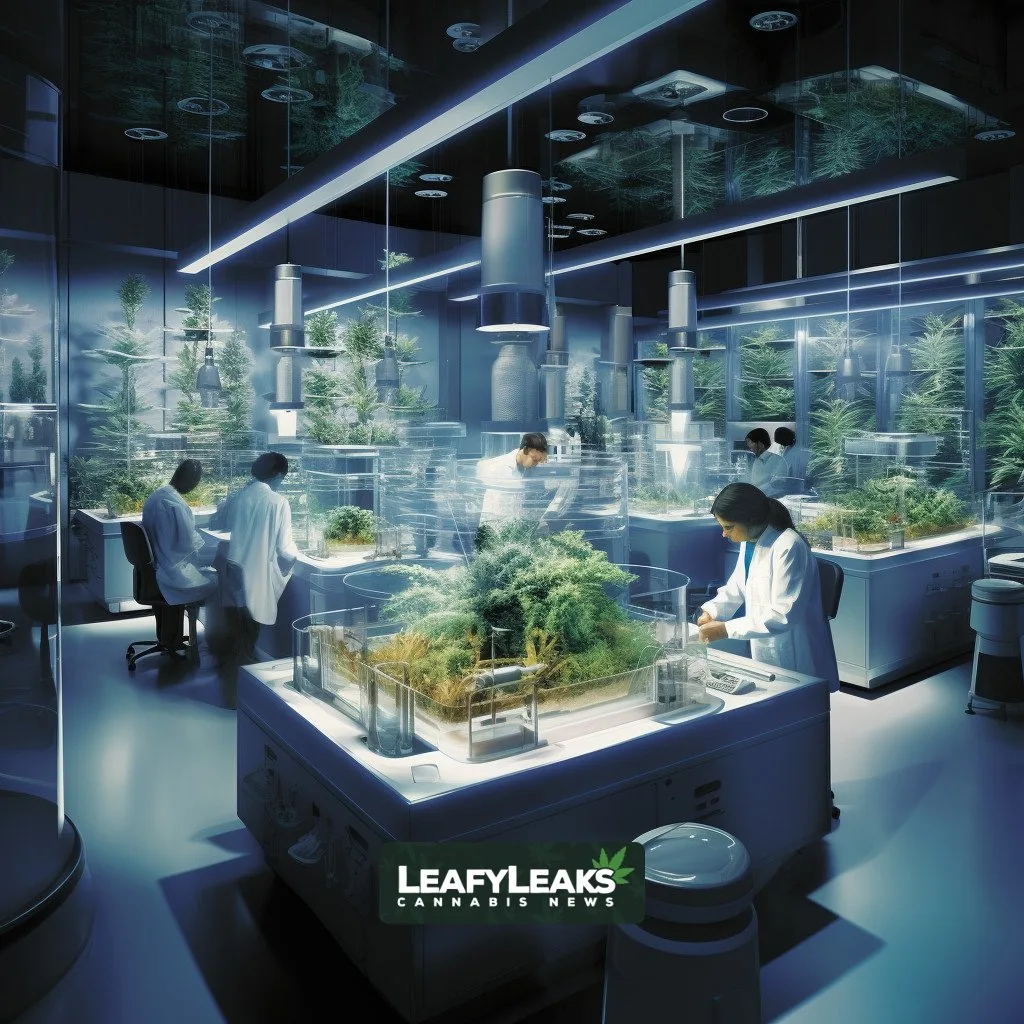 Image depicting cannabis research laboratory with lab technician examining leaves.