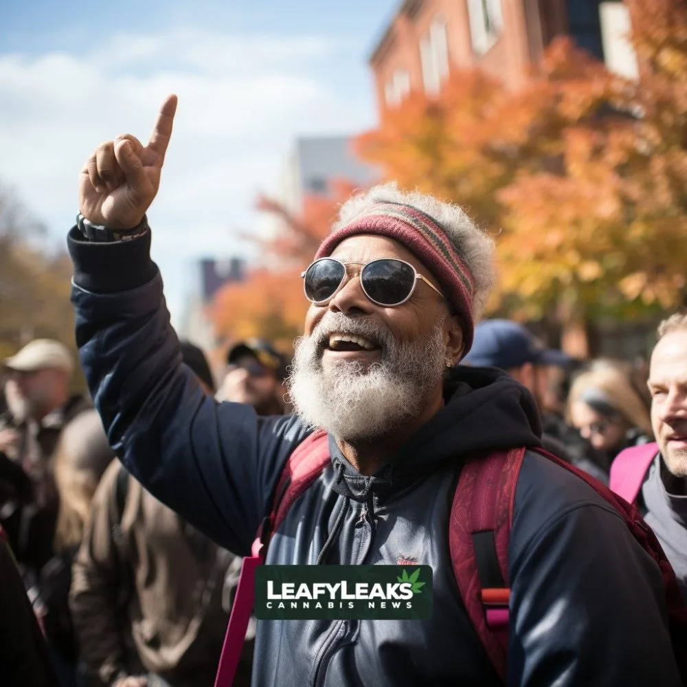 Illustration of people raising a cannabis leaf flag for Marijuana Legalization, a symbol of unity and change. Cannabis News by LeafyLeaks, Ai Generated image for Leaky Leaks.
