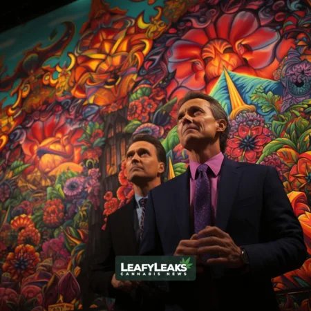 Vibrant Unity: Bipartisan Push for Psychedelics Reform – Rick Perry and Jared Polis stand united, symbolizing political collaboration amidst swirling psychedelic patterns and cannabis leaves.