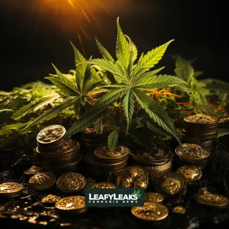 Cannabis leaves and coins representing Colorado's thriving cannabis revenue, illustrating growth and positive impact on education and healthcare.