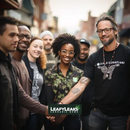 Maryland Launches Social Equity Marijuana Business Portal for License Eligibility "Entrepreneur with diverse group in front of Maryland cannabis store, highlighting Social Equity in cannabis industry"