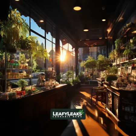 Marijuana Cafes Legalize - People enjoying cannabis culture at a California cafe. Cannabis News by LeafyLeaks.com, Ai Generated image for Leafy Leaks.