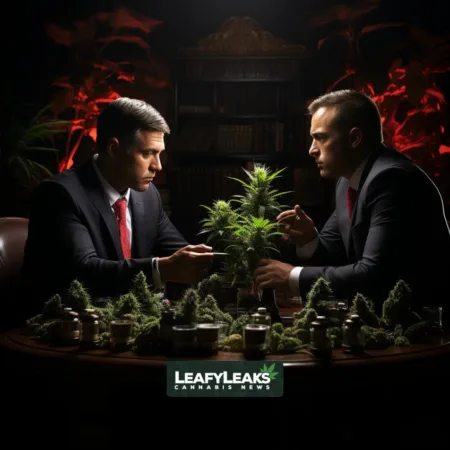 Discussion between Rep. Matt Gaetz and attorney John Morgan surrounded by cannabis, with looming Big Pharma presence.