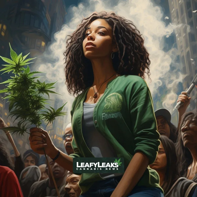 A person holding a "Drug War Shift" banner at a cannabis rally.