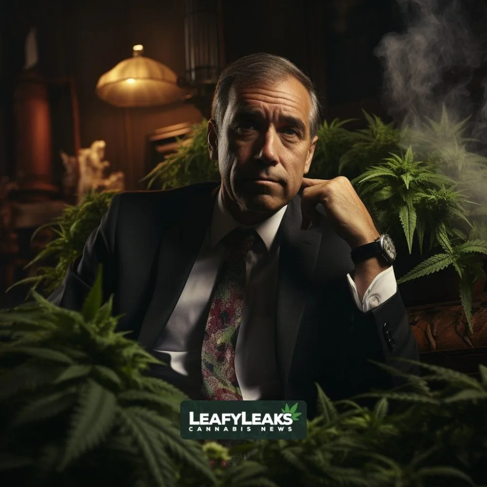 A close-up of Senator Jeff Merkley with a cannabis plant in the background.