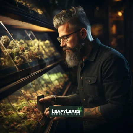 New Data Reveals Surge in Banks Servicing Marijuana Industry Ahead of Senate Vote A businessman discussing Marijuana Banking Reform in a cannabis dispensary. Cannabis News by LeafyLeaks.com, Ai Generated image for Leafy Leaks.