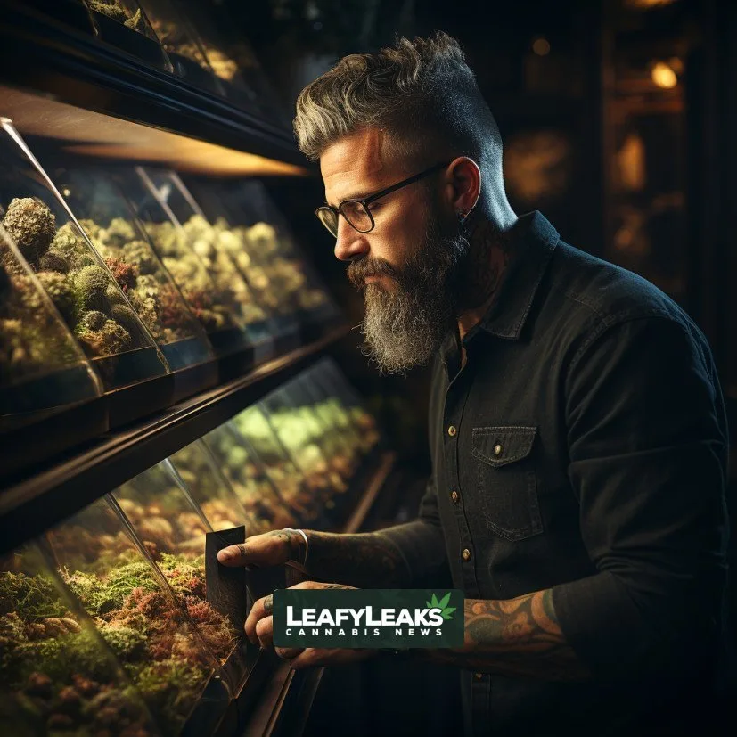 A businessman discussing Marijuana Banking Reform in a cannabis dispensary. Cannabis News by LeafyLeaks.com, Ai Generated image for Leafy Leaks.