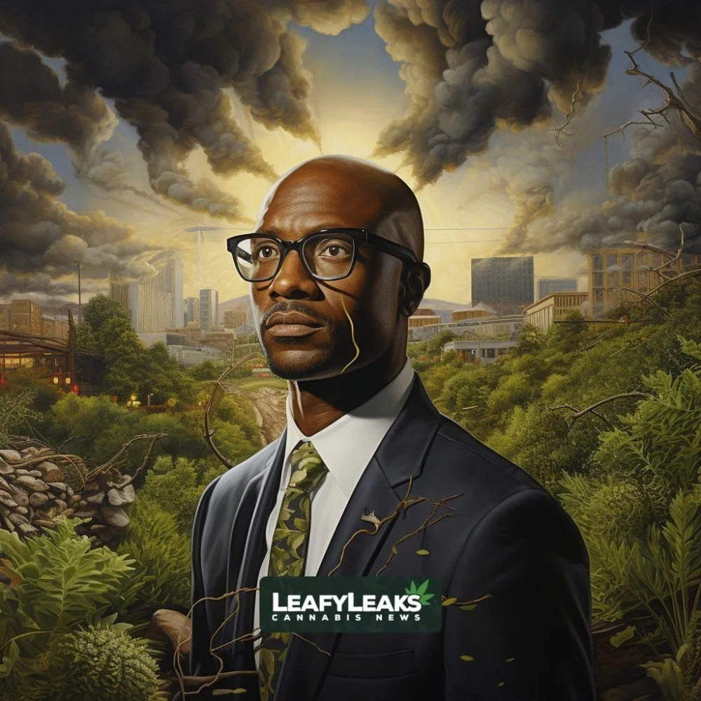 Mayor Quinton Lucas with Marijuana Tax Revenue sign - Cannabis News by LeafyLeaks.com, Ai Generated image for Leafy Leaks