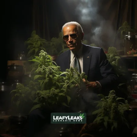 Biden Reiterates Pardon for Marijuana Offenses at Congressional Black Caucus Event Marijuana Pardon - President Biden surrounded by cannabis plants. Cannabis News by LeafyLeaks.com, Ai Generated image for Leafy Leaks.