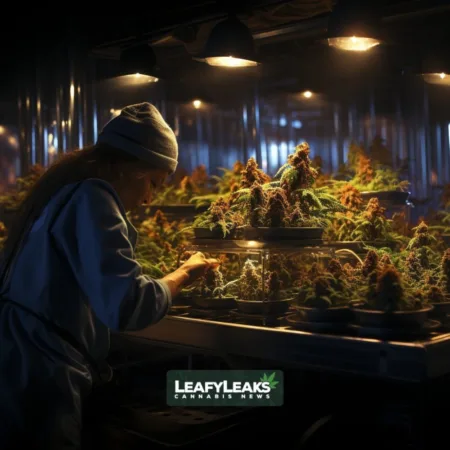 New Jersey Cannabis Regulators Propose Clinical Research Partnerships Cannabis Researcher Studying Plants - Clinical Research Partnerships - Cannabis News by LeafyLeaks.com, Ai Generated image for Leafy Leaks