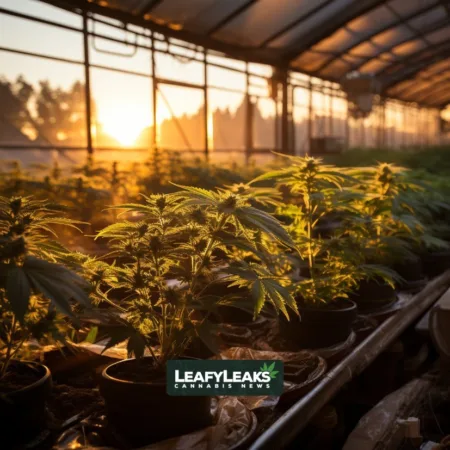 A serene cannabis farm bathed in golden sunset hues. Cannabis News by LeafyLeaks.com, AI-generated image for Leafy Leaks.