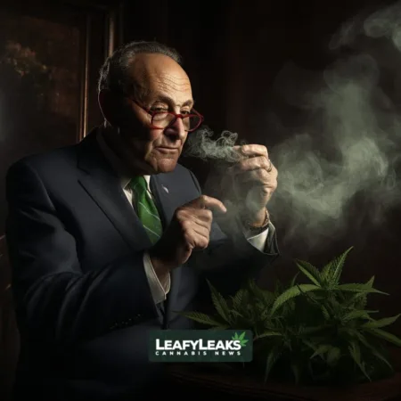 Schumer Announces SAFER Banking Act Updates and Committee Vote Image of Senator Chuck Schumer discussing Banking Act Updates for cannabis finance. Cannabis News by LeafyLeaks.com, Ai Generated image for Leafy Leaks.