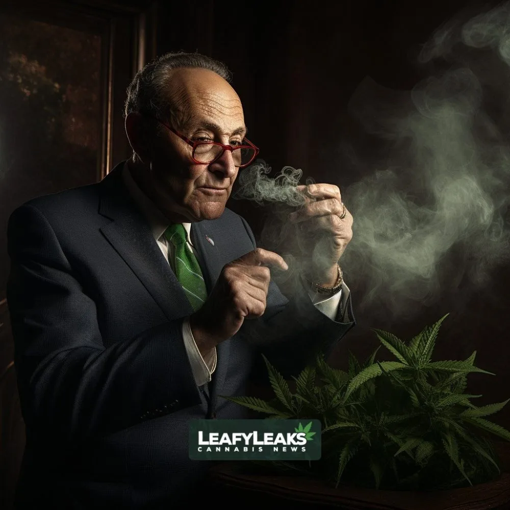 Image of Senator Chuck Schumer discussing Banking Act Updates for cannabis finance. Cannabis News by LeafyLeaks.com, Ai Generated image for Leafy Leaks.
