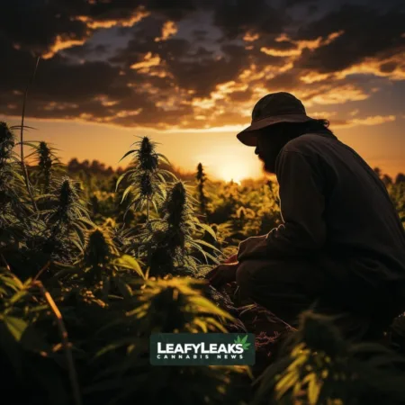 With Oklahoma’s Hemp Production ‘Way Down,’ Lawmakers Consider Benefits Of Expansion Oklahoma Hemp Production - A farmer inspecting healthy hemp plants in the field. Cannabis News by LeafyLeaks.com, Ai Generated image for Leafy Leaks.