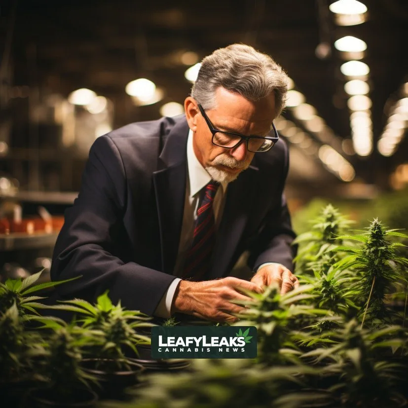 Attorney General Gentner Drummond inspecting cannabis grow operation in Oklahoma - Cannabis News by LeafyLeaks.com, AI Generated image for Leafy Leaks