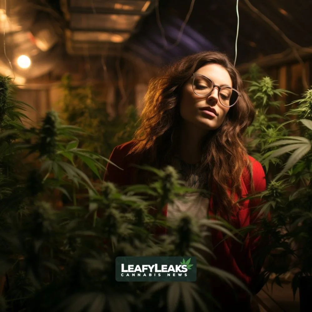 Moriah Barnhart, advocate for Home Cultivation Campaign, surrounded by cannabis plants - Cannabis News by LeafyLeaks.com, Ai Generated image for Leafy Leaks