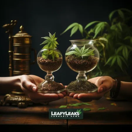 Congressman Expresses Concerns Over Potential Pharma Control Amid Marijuana Rescheduling A person holding a marijuana leaf and a scale balancing a cannabis plant and a pharmaceutical pill bottle.