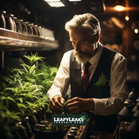 A photograph of Robert F. Kennedy Jr. at a cannabis farm, part of Marijuana Legalization news by LeafyLeaks.com, Ai Generated image for Leafy Leaks.