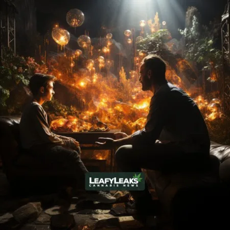 Positive Shift Psychedelics: A psychiatrist guiding a patient through transformative therapy. Cannabis News by LeafyLeaks.com, Ai Generated image for Leafy Leaks.