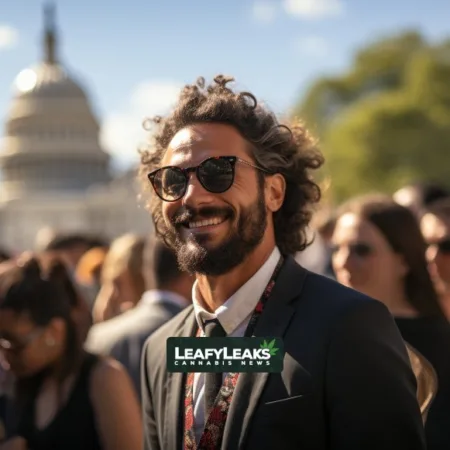Bipartisan Lawmakers Urge DEA to Consider Marijuana Legalization Merits A person advocating for Marijuana Legalization Merits in front of the U.S. Capitol.