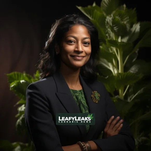 Climate Workers Marijuana - Rep. Pramila Jayapal with a cannabis plant. Cannabis News by LeafyLeaks.com, Ai Generated image for Leafy Leaks.