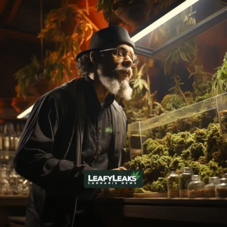 Interactive Federal Map Reveals Marijuana Tax Revenue Impact on States Image of a person in a cannabis dispensary discussing Marijuana Tax Revenue. Cannabis News by LeafyLeaks.com, Ai Generated image for Leafy Leaks.