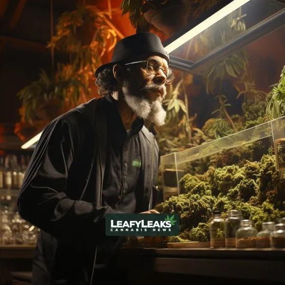 Image of a person in a cannabis dispensary discussing Marijuana Tax Revenue. Cannabis News by LeafyLeaks.com, Ai Generated image for Leafy Leaks.