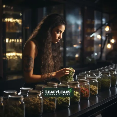 A person examining Fentanyl-Laced Marijuana products in a cannabis dispensary.