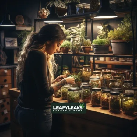Medical Cannabis Patients - Person examining cannabis products in a dispensary. Cannabis News by LeafyLeaks.com, Ai Generated image for Leafy Leaks.