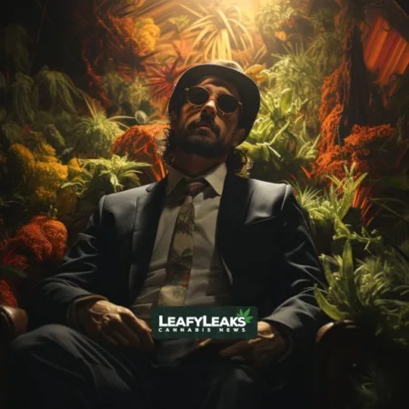 A realistic image of James Harnden surrounded by lush cannabis plants, illustrating the impact of Social Equity Contracts in the marijuana industry. Cannabis News by LeafyLeaks.com, Ai Generated image for Leafy Leaks.