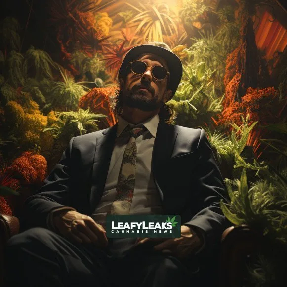 A realistic image of James Harnden surrounded by lush cannabis plants, illustrating the impact of Social Equity Contracts in the marijuana industry. Cannabis News by LeafyLeaks.com, Ai Generated image for Leafy Leaks.