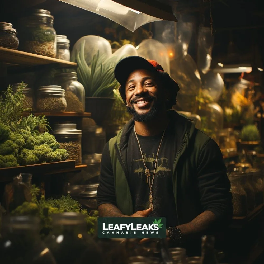 Legal Marijuana Economy - A cannabis farm with thriving plants. Cannabis News by LeafyLeaks.com, Ai Generated image for Leafy Leaks.