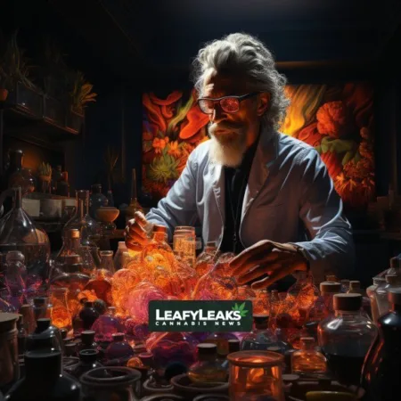 Image of a researcher conducting psychedelic research with the caption "Psychedelic Research Funding - Cannabis News by LeafyLeaks.com, Ai Generated image for Leafy Leaks"