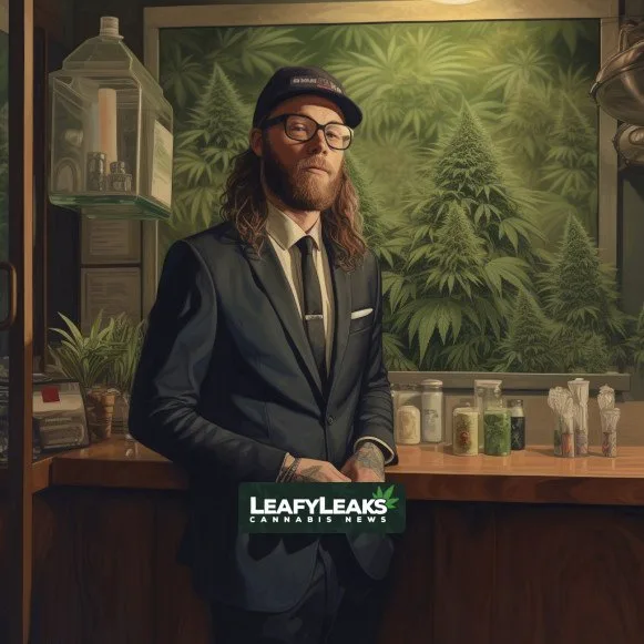 Alt text: A person at a cannabis dispensary with the headline "Marijuana Commerce Approval" by LeafyLeaks.com