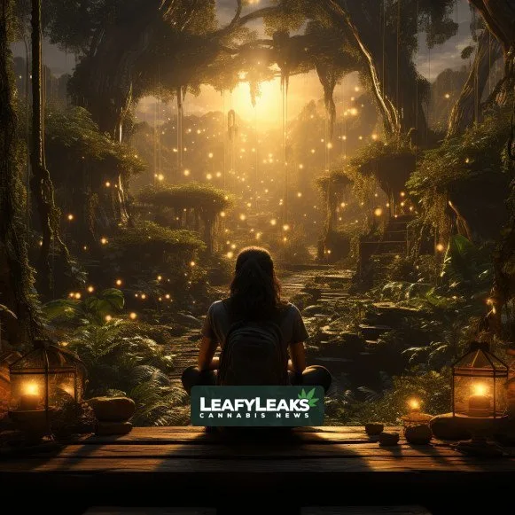 An image of a person practicing yoga in a cannabis garden, enhancing mindfulness.