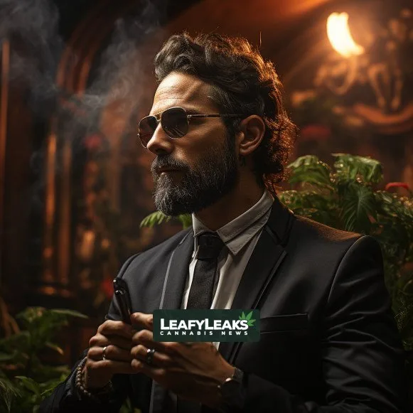 Close-up of Samuel Velez Ortiz with a cannabis plant in the background, symbolizing the legal battle. Cannabis News by LeafyLeaks.com, Ai Generated image for Leafy Leaks.