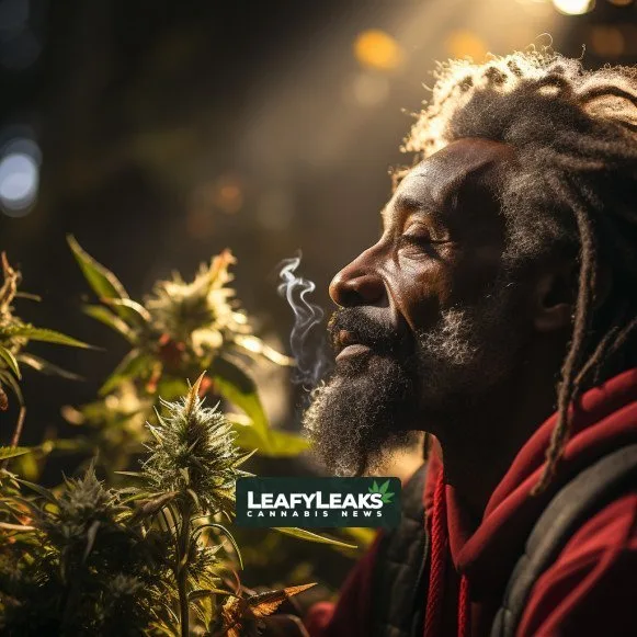 A person enjoying cannabis outdoors in New Jersey, with Marijuana Smell Concerns, Cannabis News by LeafyLeaks.com, Ai Generated image for Leafy Leaks.
