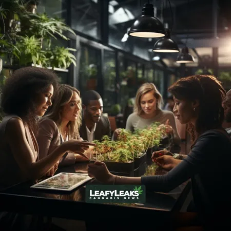 Benefits Provider Introduces First Group Health Medical Cannabis Program Medical Cannabis Program - Employees discussing benefits in a modern workplace, Cannabis News by LeafyLeaks.com, AI Generated image for Leafy Leaks