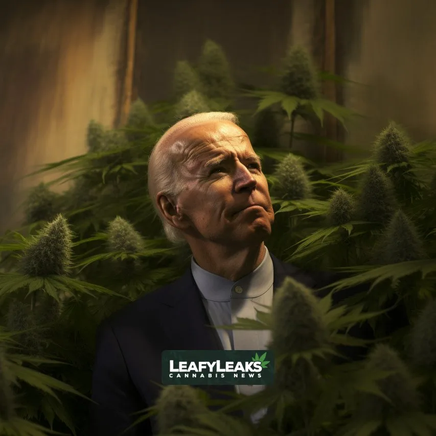 Cannabis Reform Anniversary - President Joe Biden with cannabis plants in the background. Cannabis News by LeafyLeaks.com, Ai Generated image for Leafy Leaks.