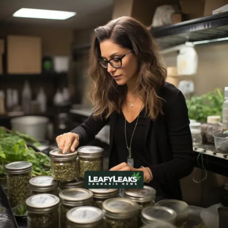 Governor Gretchen Whitmer inspecting cannabis products in a marijuana facility.