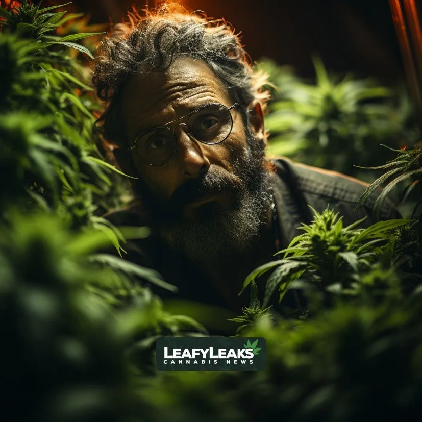 A person experiencing the Entourage Effect surrounded by cannabis plants. Cannabis News by LeafyLeaks.com, Ai Generated image for Leafy Leaks.