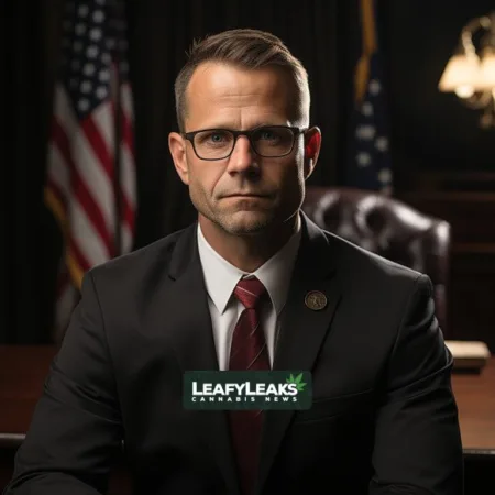 Nebraska Attorney General Files Lawsuits Against Delta-8 THC Products Delta-8 THC Lawsuits - Attorney General Mike Hilgers in legal setting. Cannabis News by LeafyLeaks.com, Ai Generated image for Leafy Leaks.