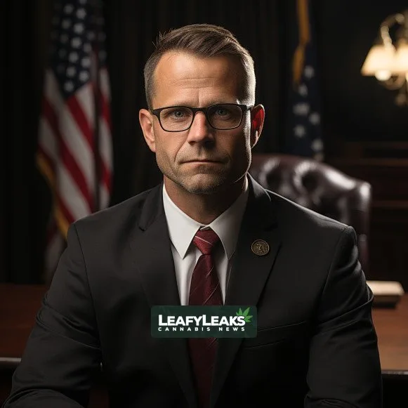 Nebraska Attorney General Files Lawsuits Against Delta-8 THC Products Delta-8 THC Lawsuits - Attorney General Mike Hilgers in legal setting. Cannabis News by LeafyLeaks.com, Ai Generated image for Leafy Leaks.