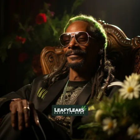 A colorful marijuana leaf with text "DoggFather's Day - Cannabis News by LeafyLeaks.com" in the foreground.