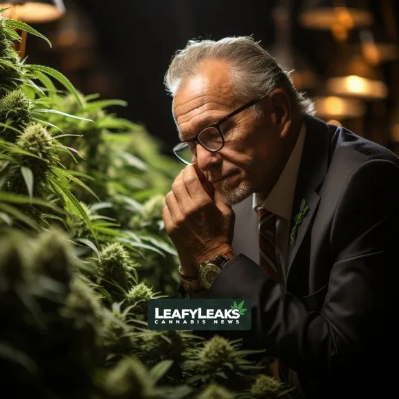 Alt text: Ohio Governor Mike DeWine addressing a crowd, with cannabis plants in the background.