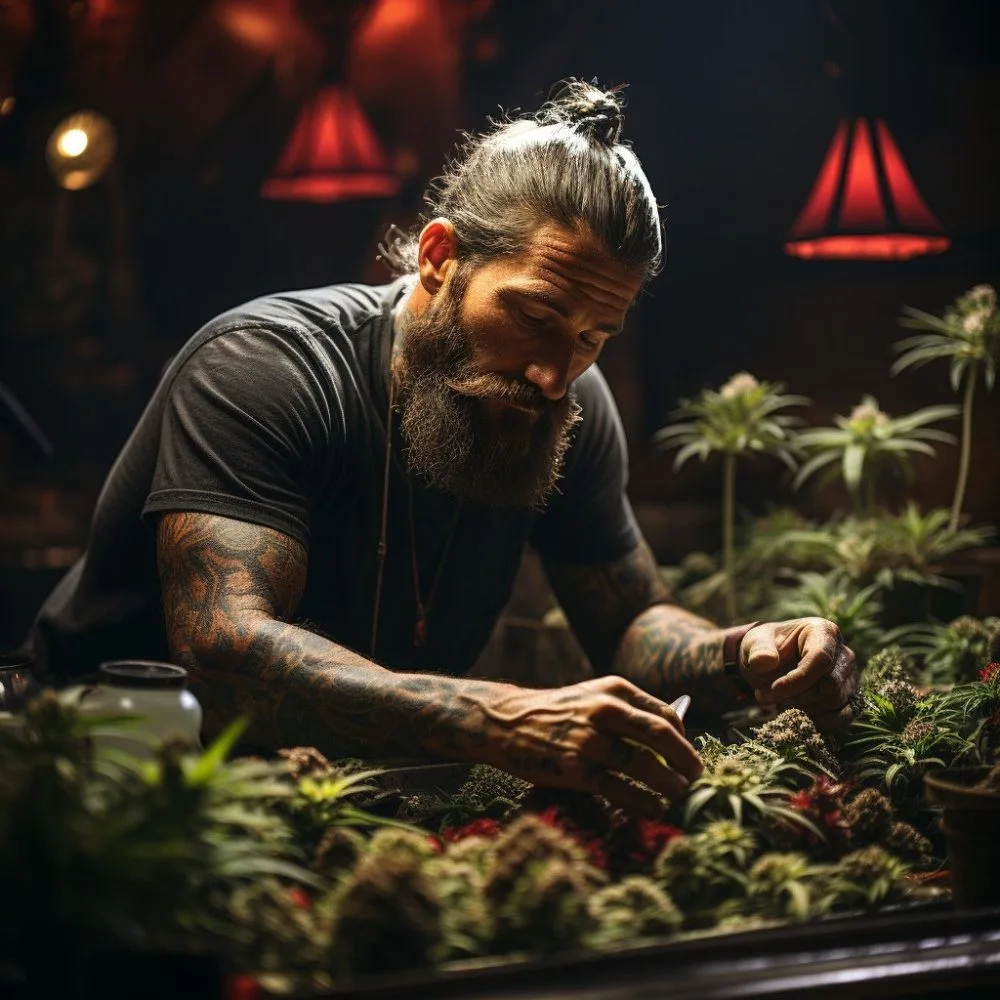 A cannabis entrepreneur in St. Louis tending to lush green marijuana plants.